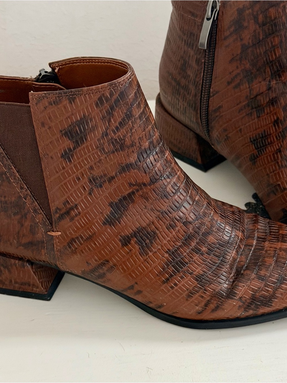 Franco Sarto Croc-Embossed Brown Ankle Booties - Picture 2 of 5